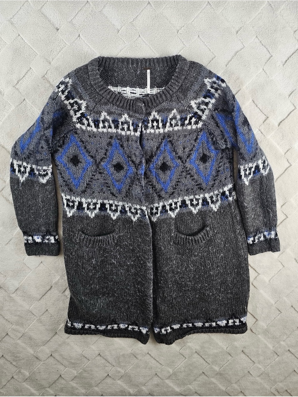 Free People Fair Isle Cardigan Sweater Womens Medium Gray Mohair/Wool Blend